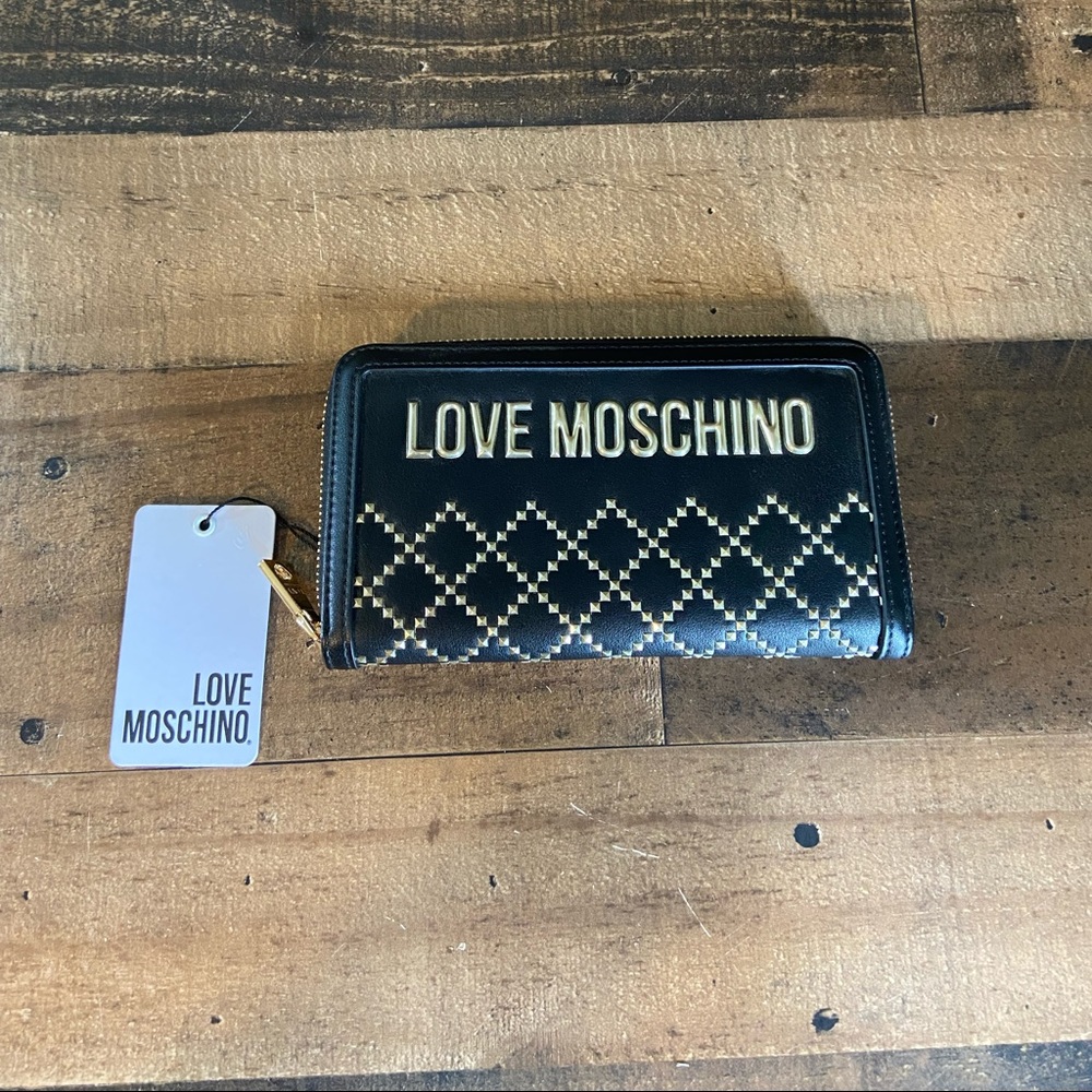 Authentic Love Moschino Black Leather Gold Studded Zip Around Wallet NWT